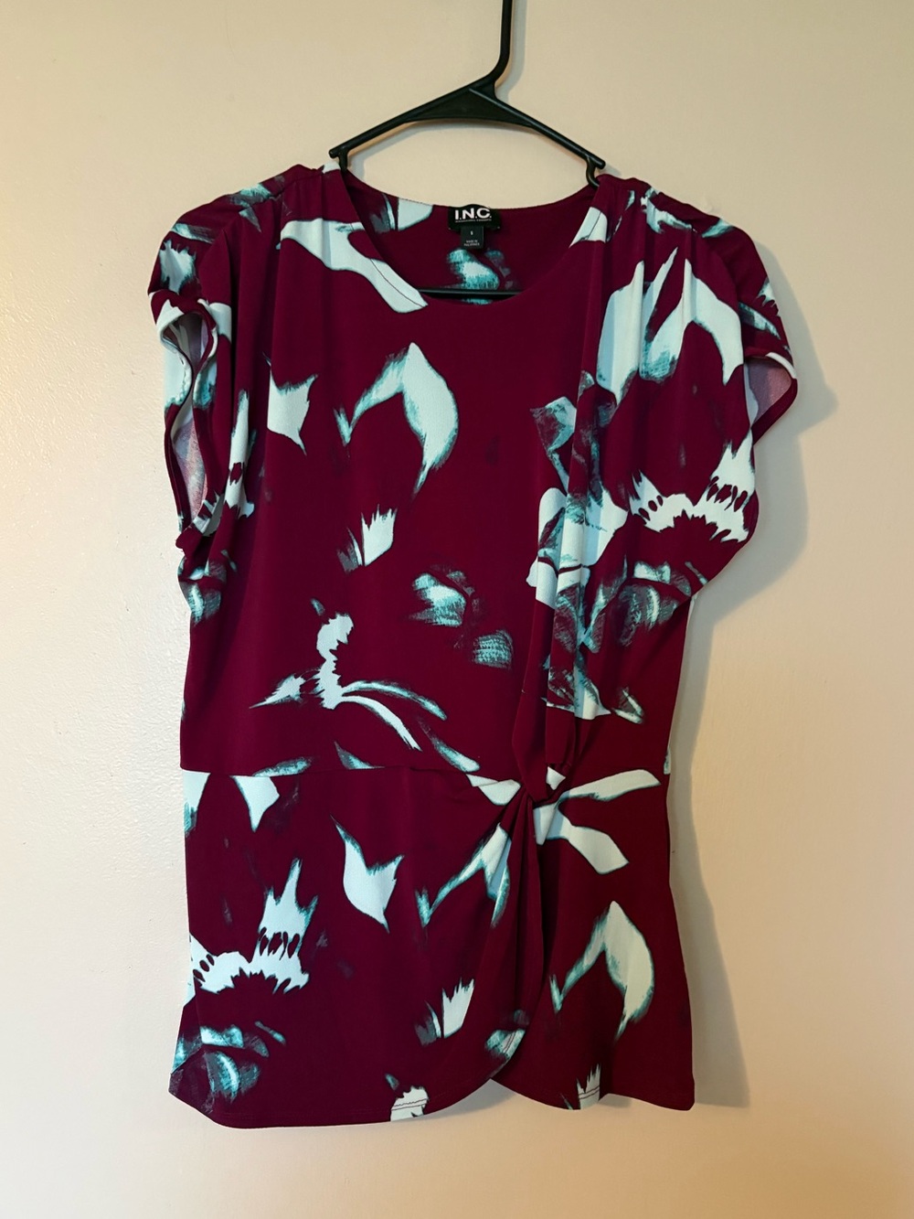 INC International Concepts Burgundy and Teal Floral Twist Front Top